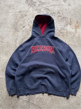 Reebok Navy Pullover Hoodie with Red Lettering